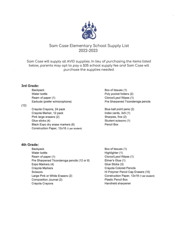 School supplies List 2022-2023
